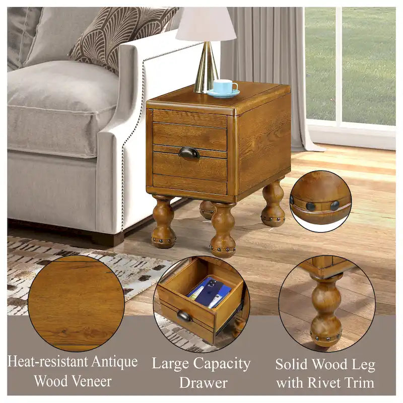 Solid Wood End Table, Rectangle 23.6 inch Narrow Side Table with Drawer, Vintage Bedside Table Nightstand for Small Spaces