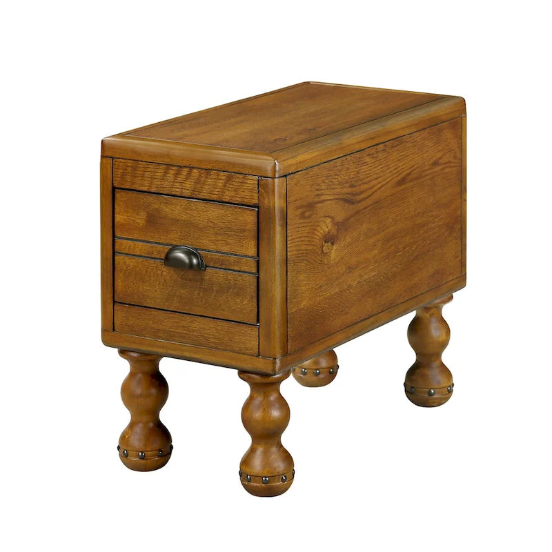 Solid Wood End Table, Rectangle 23.6 inch Narrow Side Table with Drawer, Vintage Bedside Table Nightstand for Small Spaces