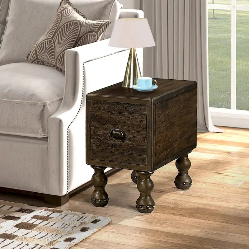 Solid Wood End Table, Rectangle 23.6 inch Narrow Side Table with Drawer, Vintage Bedside Table Nightstand for Small Spaces