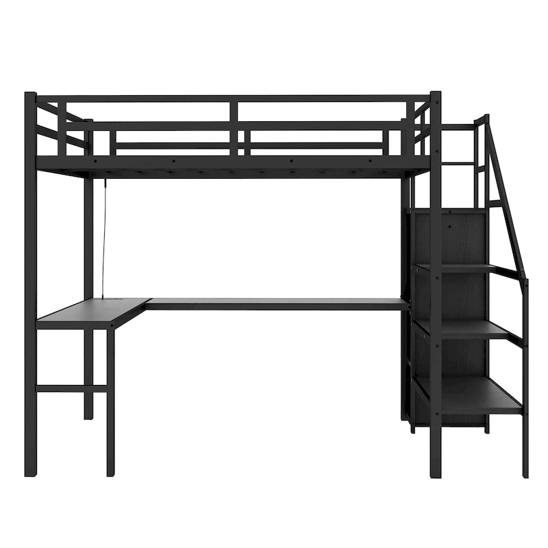 Full XL Size Loft Bed with L-shaped Desk and USB