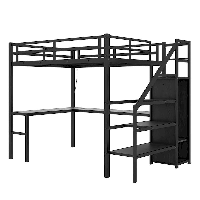 Full XL Size Loft Bed with L-shaped Desk and USB