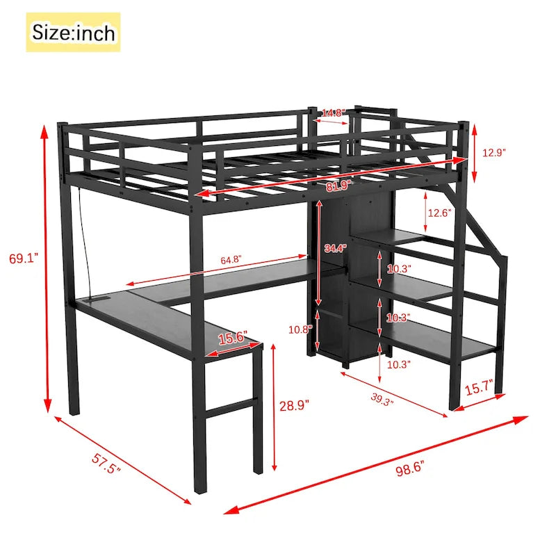 Full XL Size Loft Bed with L-shaped Desk and USB