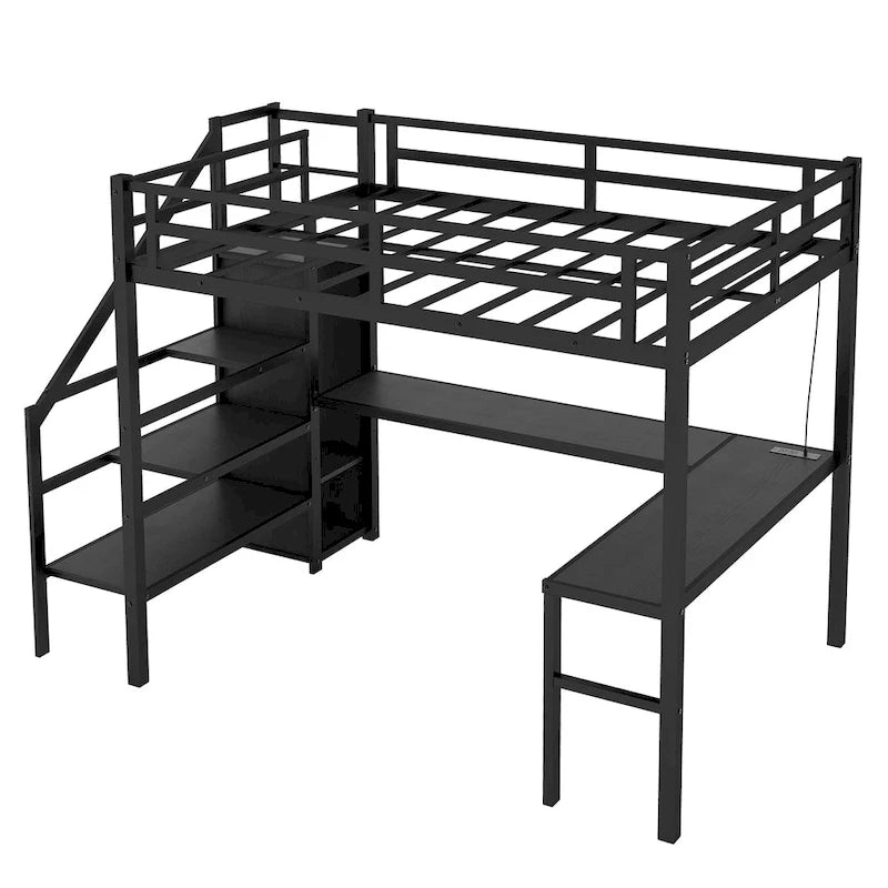 Full XL Size Loft Bed with L-shaped Desk and USB