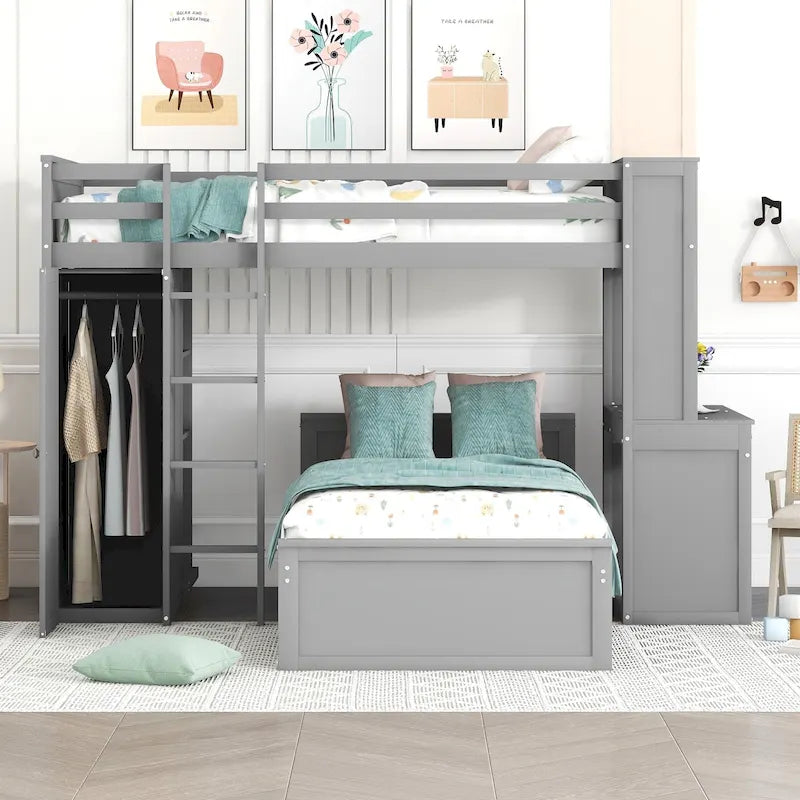 Hoogslaper in twinformaat met een vrijstaand bed, planken, bureau en kledingkast