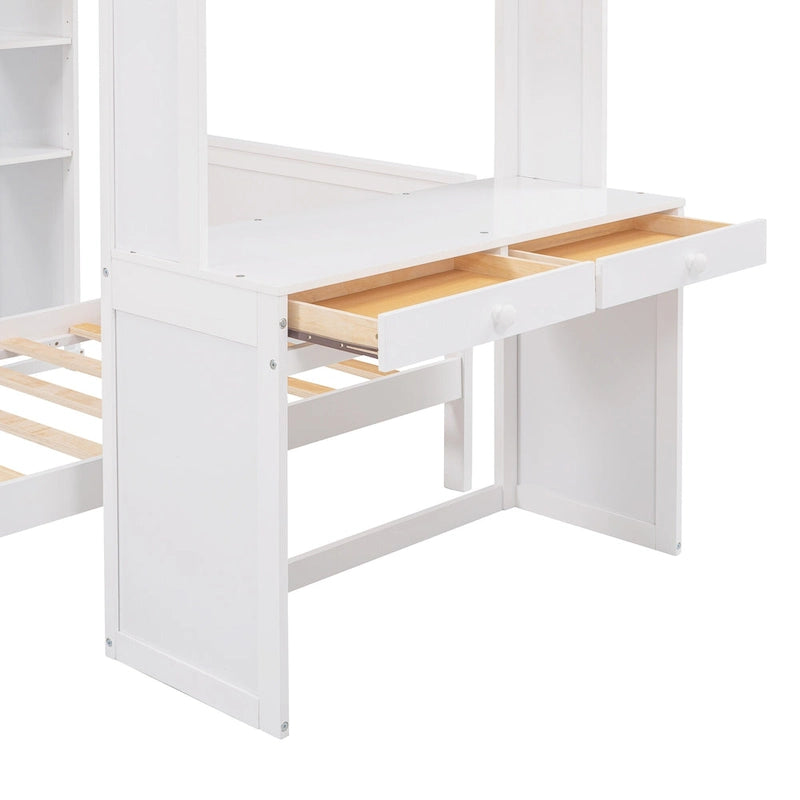 Hoogslaper in twinformaat met een vrijstaand bed, planken, bureau en kledingkast