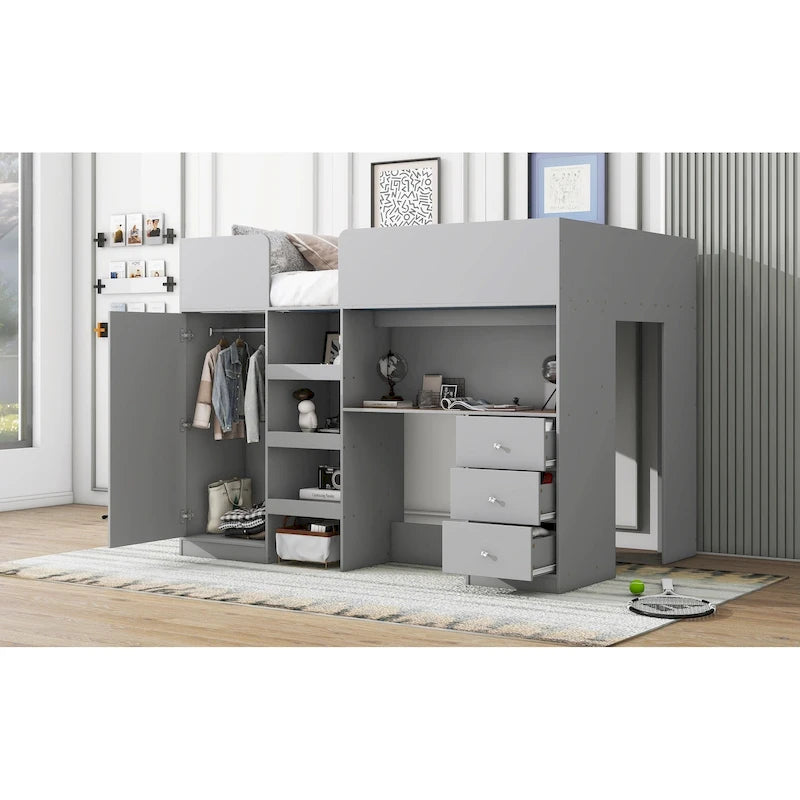 Wood Full Size Loft Bed with Built-in Wardrobe, Desk, Storage Shelves and Drawers