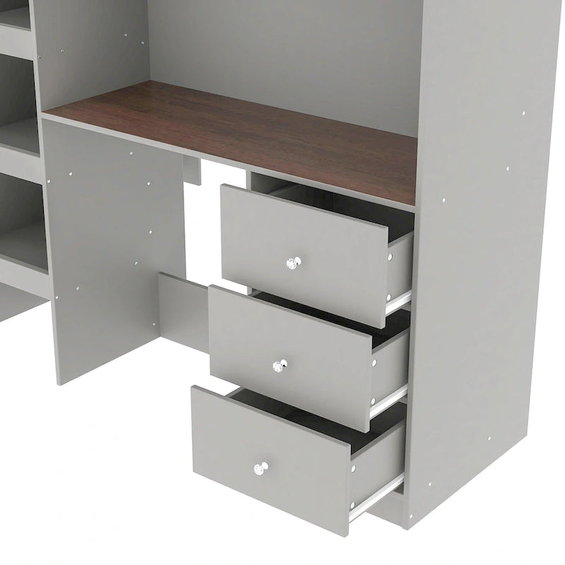 Wood Full Size Loft Bed with Built-in Wardrobe, Desk, Storage Shelves and Drawers
