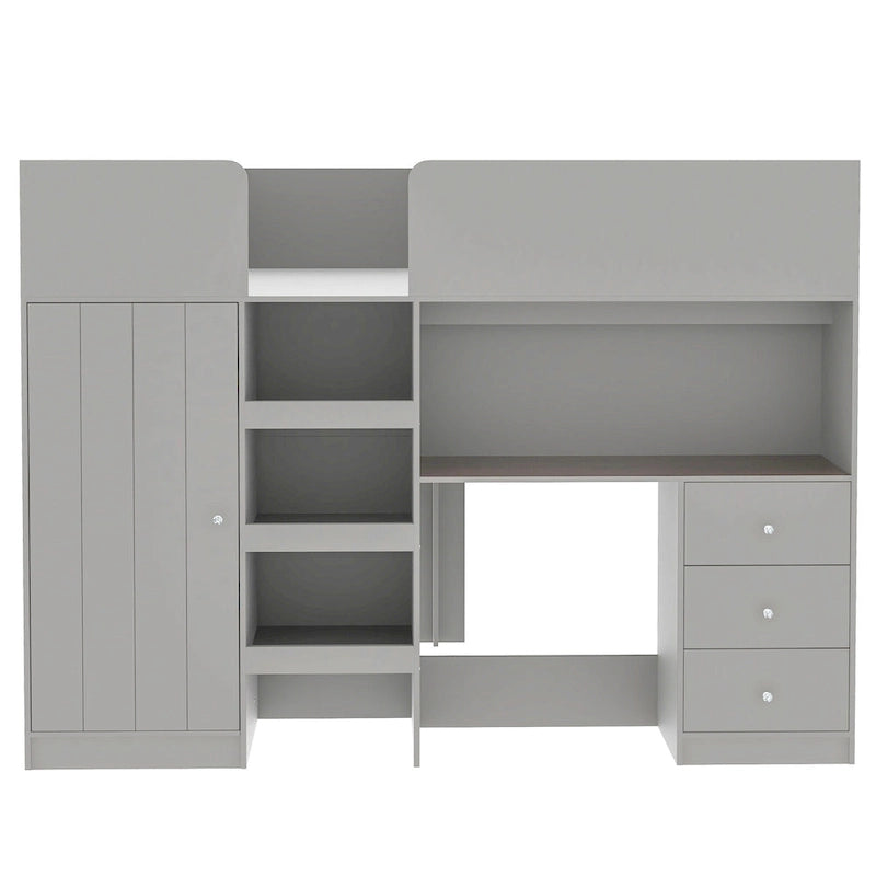 Wood Full Size Loft Bed with Built-in Wardrobe, Desk, Storage Shelves and Drawers