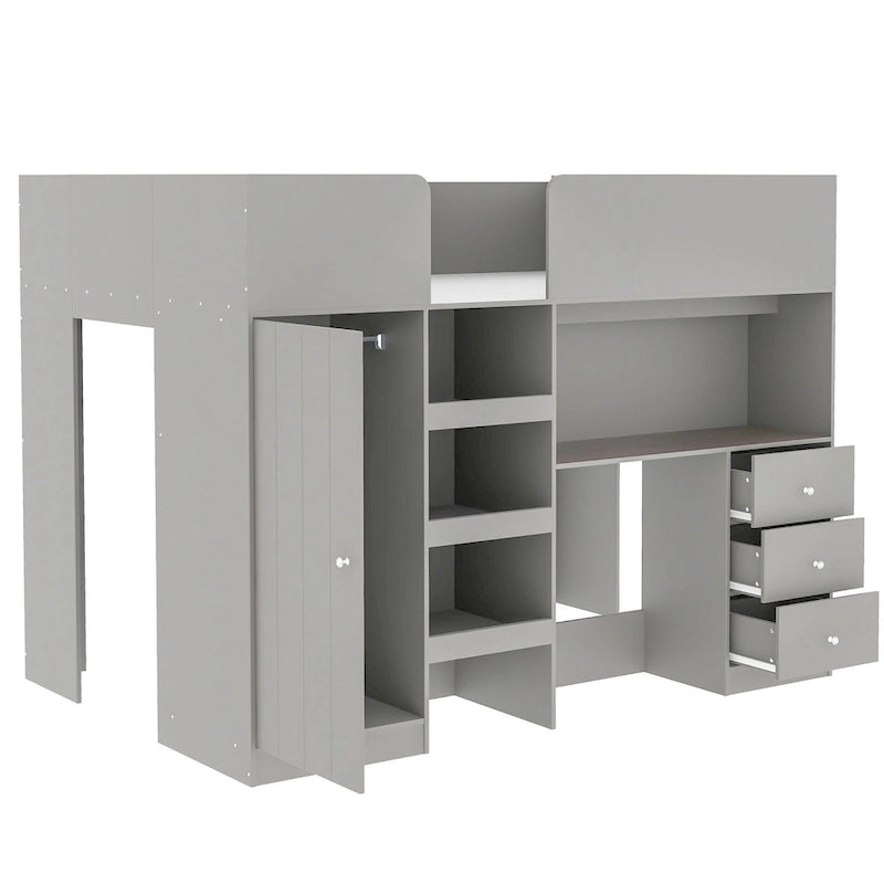 Wood Full Size Loft Bed with Built-in Wardrobe, Desk, Storage Shelves and Drawers