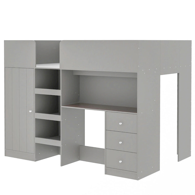 Wood Full Size Loft Bed with Built-in Wardrobe, Desk, Storage Shelves and Drawers