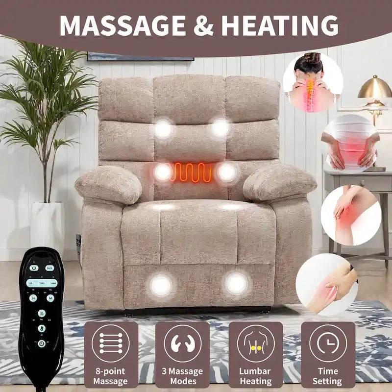 Oversized Chenille Power Lift Recliner Chair with Massage and Lumbar Heating, Charging Port, 180 Lying Flat