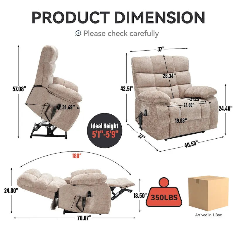 Oversized Chenille Power Lift Recliner Chair with Massage and Lumbar Heating, Charging Port, 180 Lying Flat