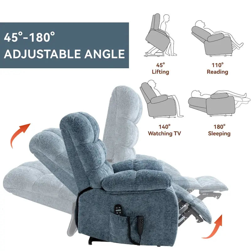 Oversized Chenille Power Lift Recliner Chair with Massage and Lumbar Heating, Charging Port, 180 Lying Flat
