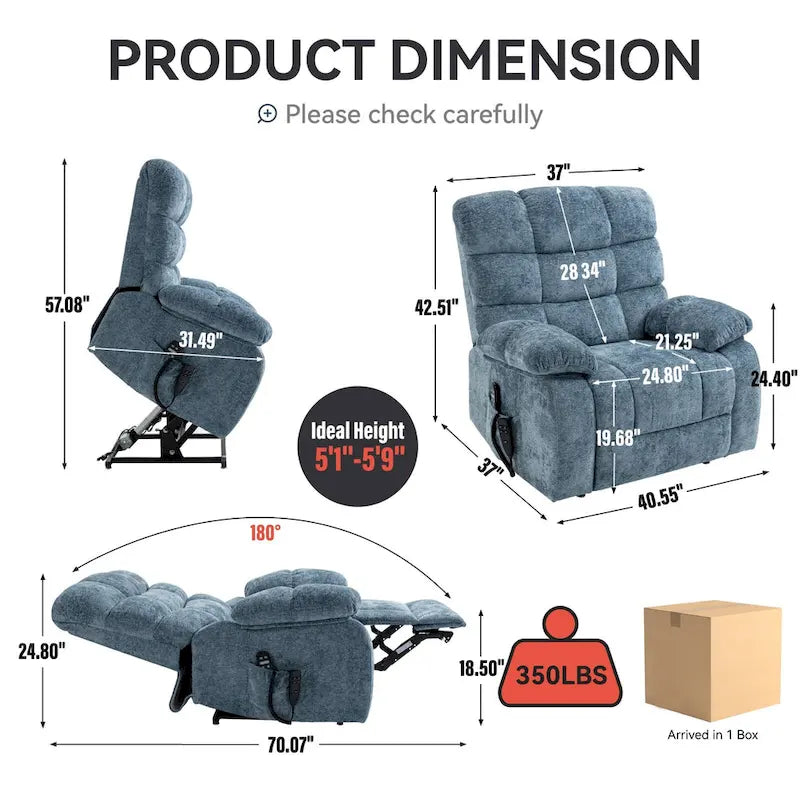 Oversized Chenille Power Lift Recliner Chair with Massage and Lumbar Heating, Charging Port, 180 Lying Flat