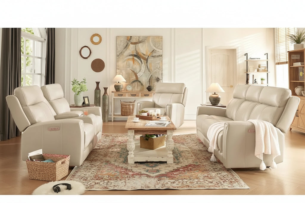 Genuine Leather Power Reclining Sofa with Power Headrest and USB & USB-C Port, Zero Gravity
