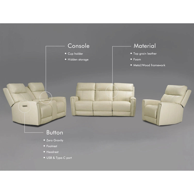 Genuine Leather Power Reclining Sofa with Power Headrest and USB & USB-C Port, Zero Gravity