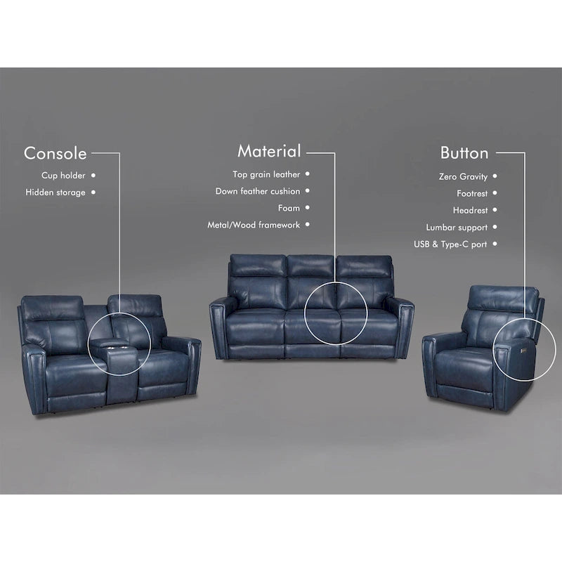 Genuine Leather Power Reclining Sofa with Power Headrest and USB & USB-C Port, Zero Gravity