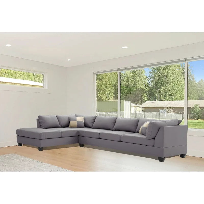 Reversible Faux Leather Sectional Sofa with Throw Pillows - 111 - Gray