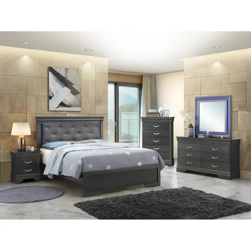 Metallic Upholstered Jewel Tufted Queen Panel Bed with LED Lights - 85 - Black
