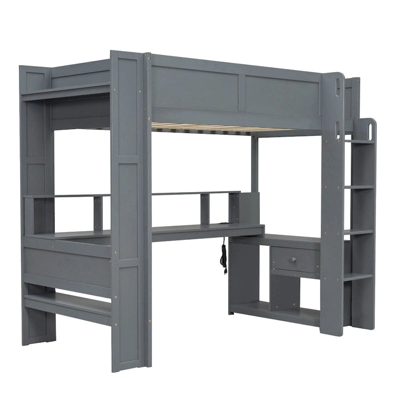 Wood Twin Size Loft Bed w/Desk, Shelves, LED, Charging Station