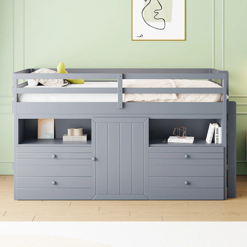 Twin Size Loft Bed with 4 Drawers, Underneath Cabinet and Shelves, White
