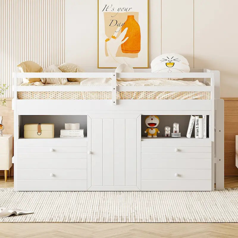 Twin Size Loft Bed with 4 Drawers, Underneath Cabinet and Shelves, White