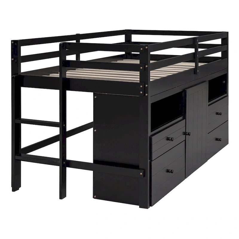 Twin Size Loft Bed with 4 Drawers, Underneath Cabinet and Shelves, White