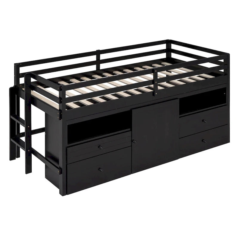 Twin Size Loft Bed with 4 Drawers, Underneath Cabinet and Shelves, White