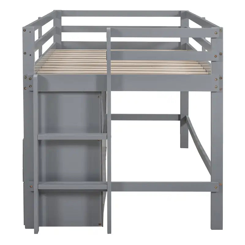 Hochbett in Einzelbettgröße mit 4 Schubladen, Unterschrank und Regalen, Weiß