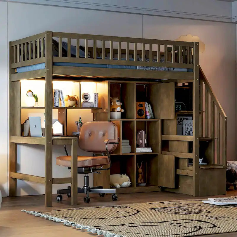 Hochbett aus Holz in Twin Size mit integriertem Schreibtisch, LED-Beleuchtung, Stauraumregalen, Schränken und Treppe, Weiß