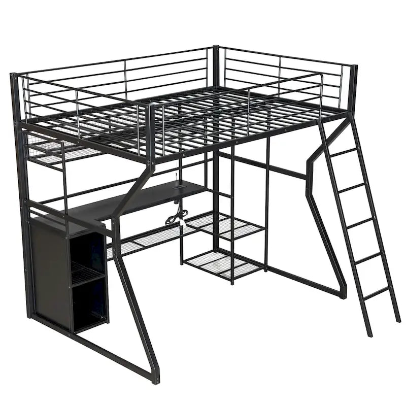 Full Size Metal Gaming Loft Bed with Built-in Work Station, Open Wardrobe, LED and Multiple Storage, Black