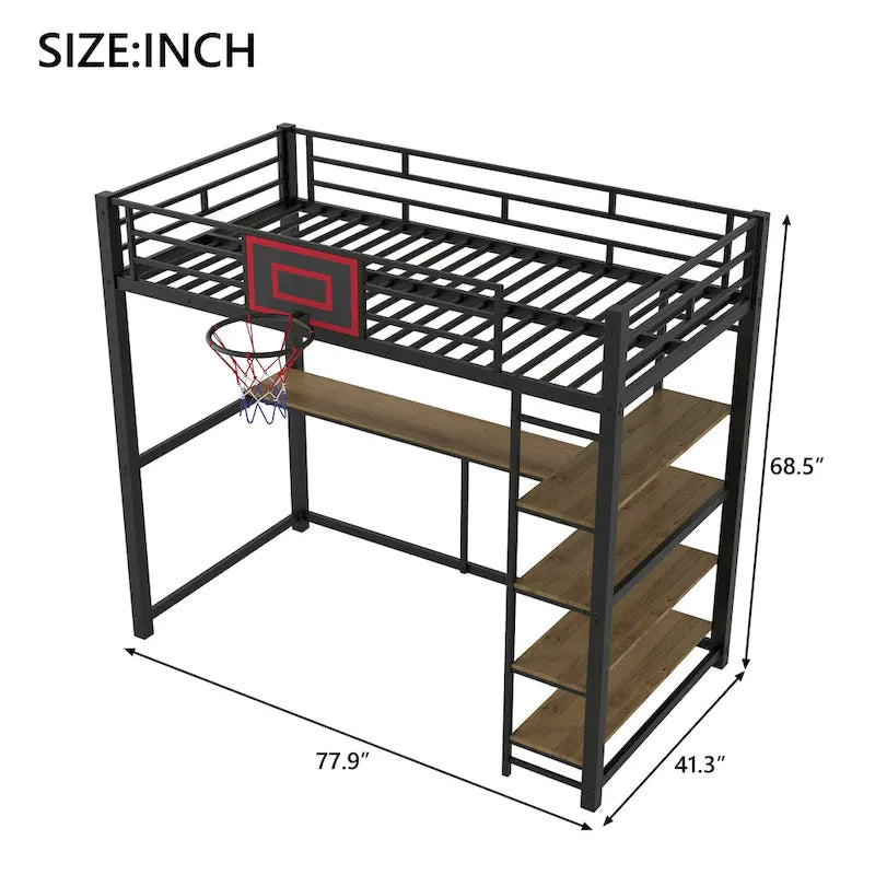 Industrial-Style Loft Bed with Basketball hoop, Twin Size Metal Loft Bed Frame with Built-in Desk and Shelf for Kids Boys Girls