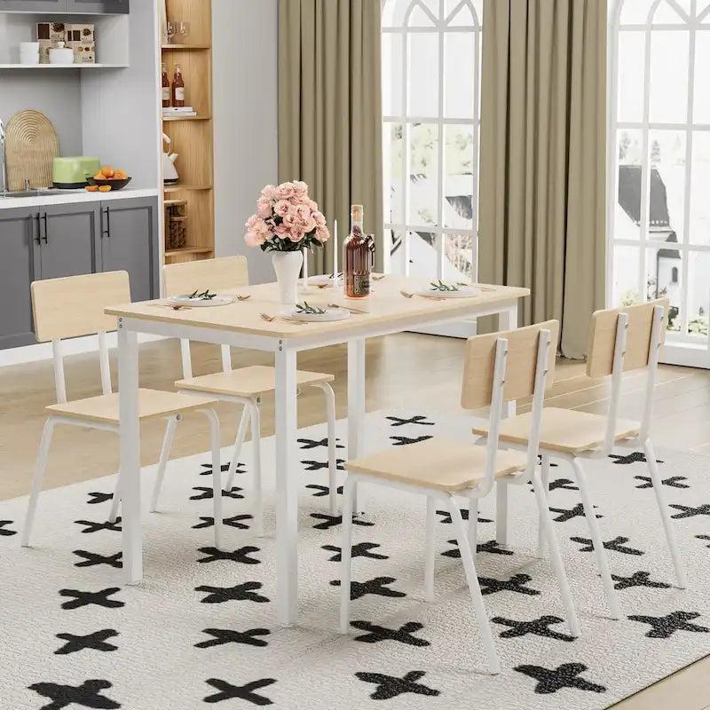 Kitchen Dining Table Metal Frame Breakfast Table with 4 Dining Chairs