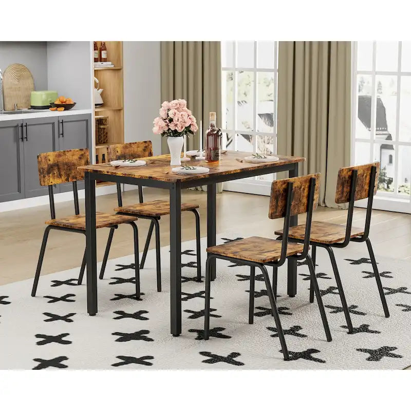 Kitchen Dining Table Metal Frame Breakfast Table with 4 Dining Chairs
