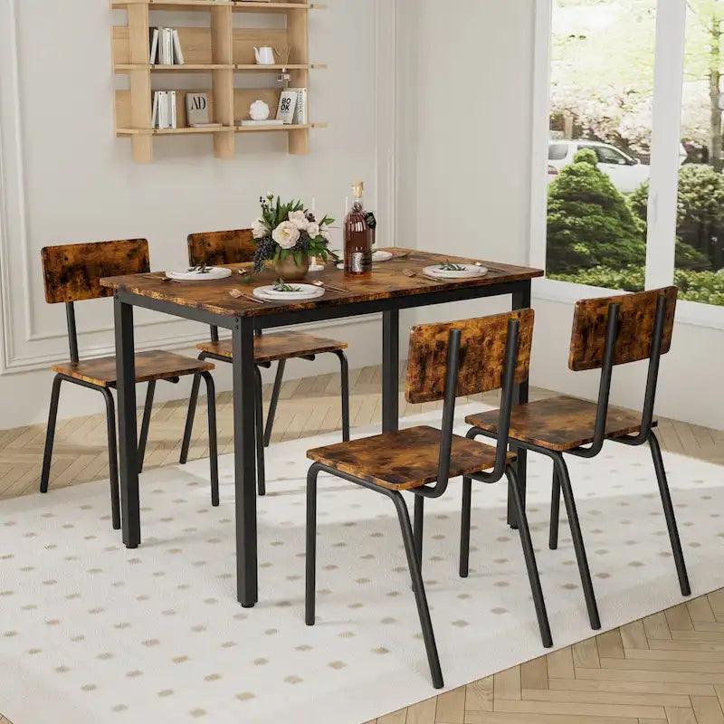 Kitchen Dining Table Metal Frame Breakfast Table with 4 Dining Chairs
