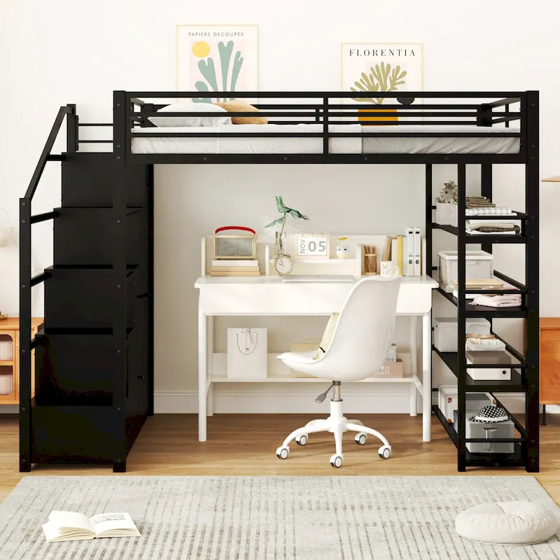 Full Size Metal Loft Bed with Storage Shelves, Cabinets and Wardrobe Metal Support Bed Frame for Kids, No Box Spring Needed