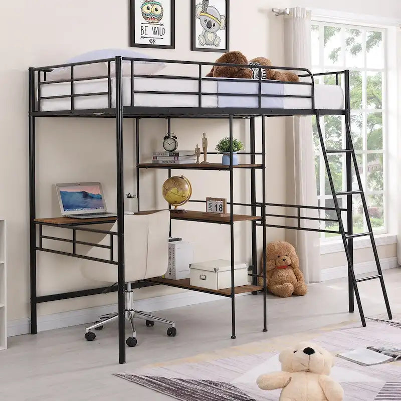Twin Size Metal Loft Bed and Built-in Desk and Shelves,White