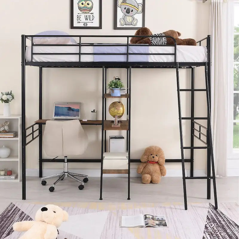 Twin Size Metal Loft Bed and Built-in Desk and Shelves,White