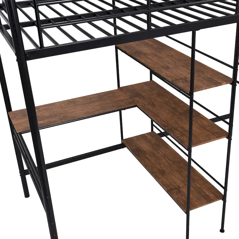 Twin Size Metal Loft Bed and Built-in Desk and Shelves,White