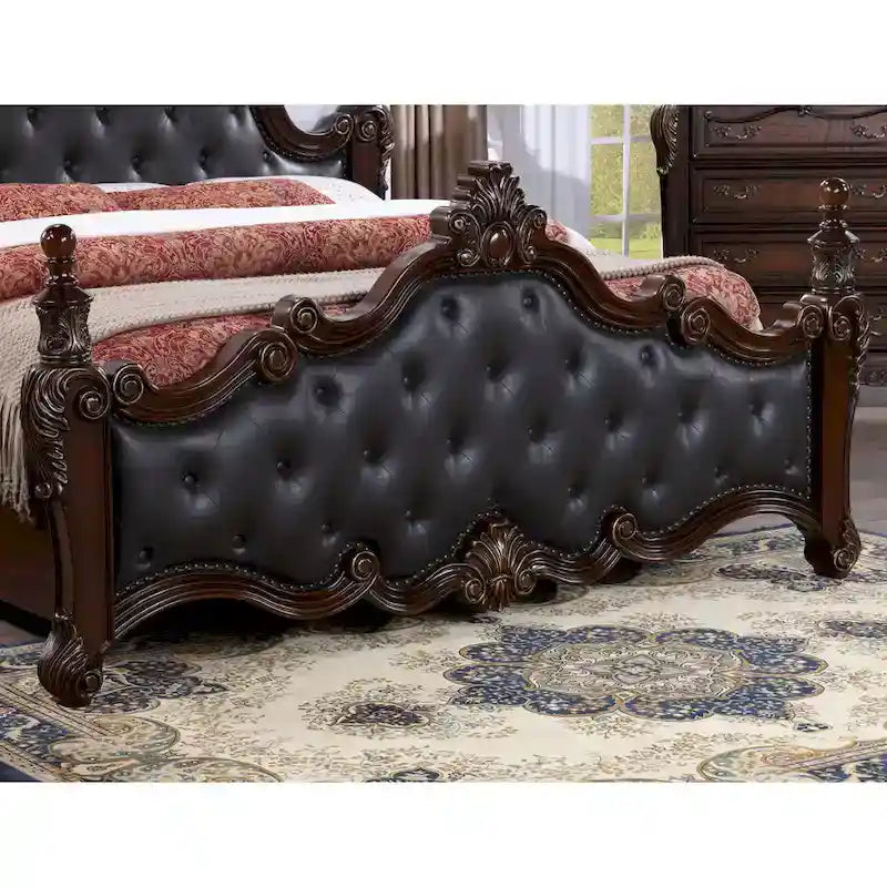 Traditional Faux Leather Button Tufted Four Poster Panel Bed