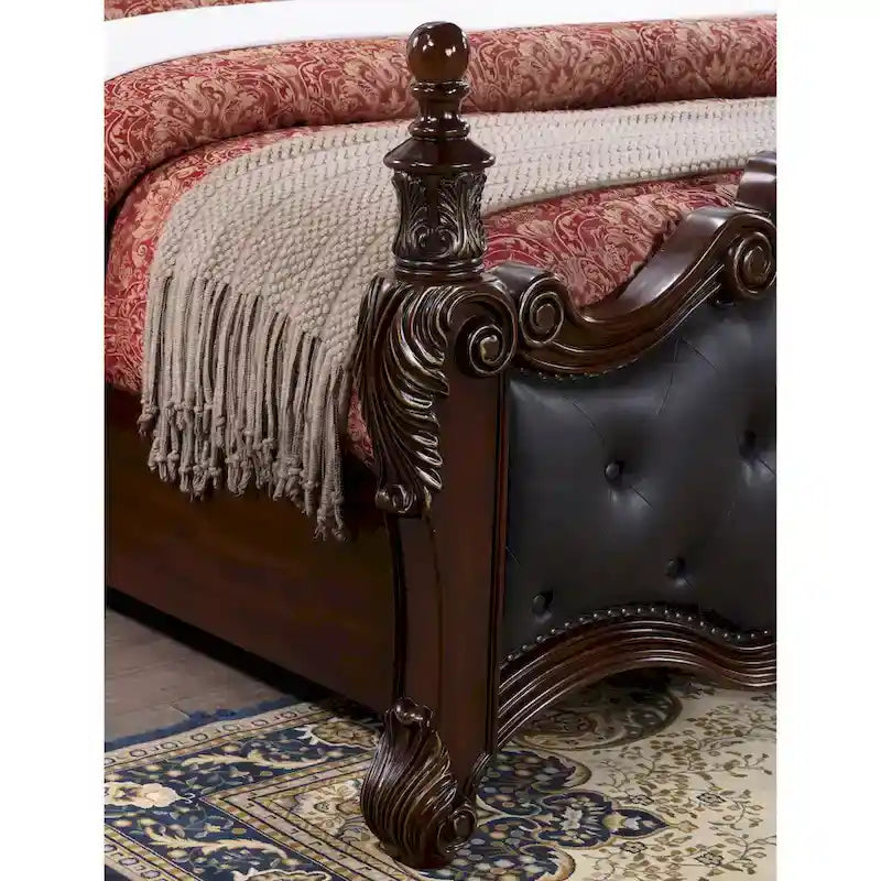 Traditional Faux Leather Button Tufted Four Poster Panel Bed