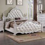 Traditional Faux Leather Button Tufted Four Poster Panel Bed