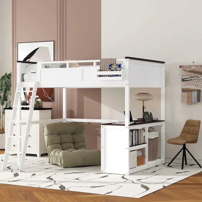 Houten hoogslaper, queen-size, met ingebouwd bureau en open planken, massiefhouten bedframe met oplaadstation en opbergbox