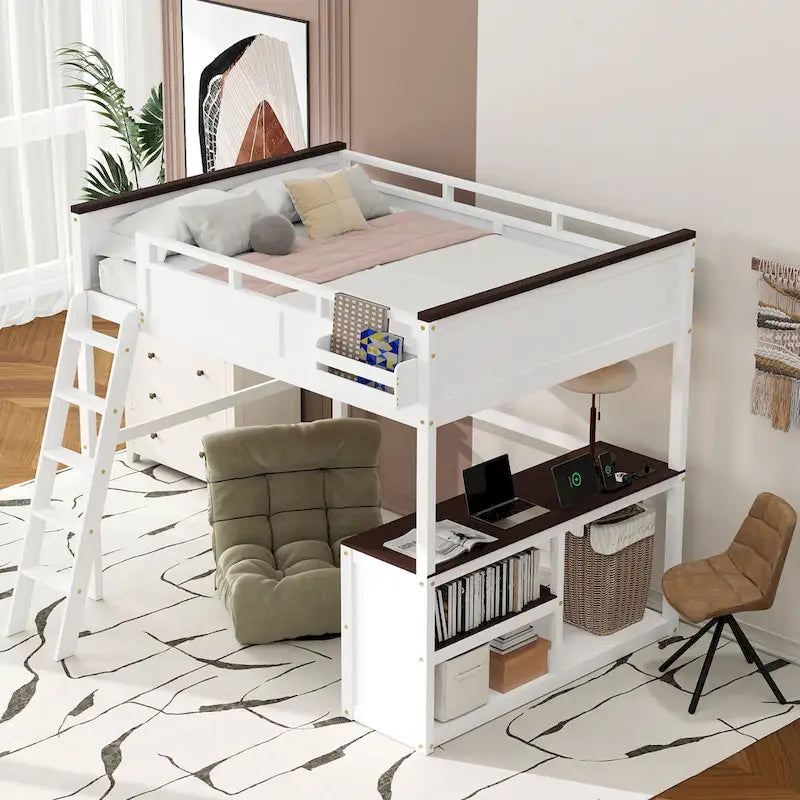 Queen Size Wooden Loft Bed with Built-in Desk and Open Shelves, Solid Wood Bed Frame with Charging Station and Storage Box