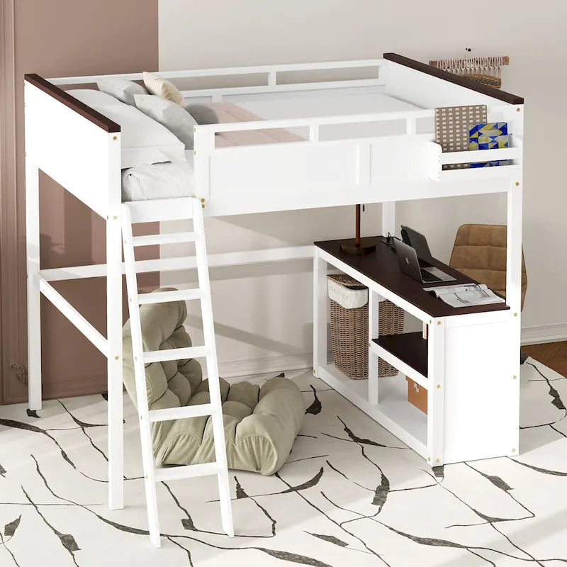 Houten hoogslaper, queen-size, met ingebouwd bureau en open planken, massiefhouten bedframe met oplaadstation en opbergbox