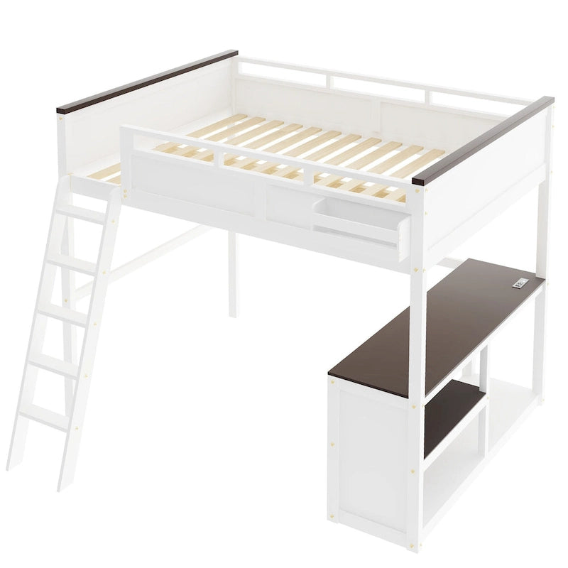 Houten hoogslaper, queen-size, met ingebouwd bureau en open planken, massiefhouten bedframe met oplaadstation en opbergbox
