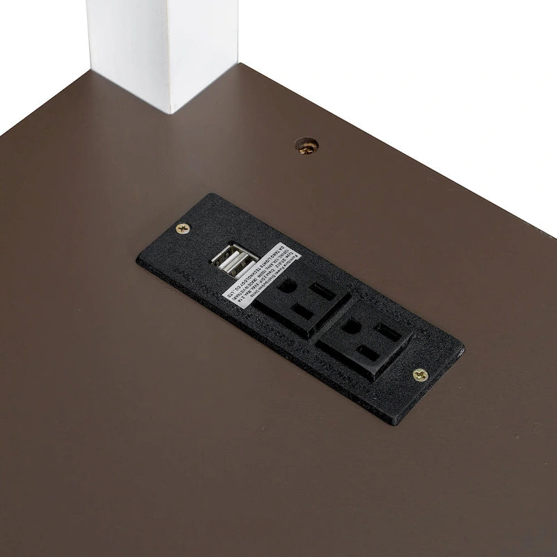 Houten hoogslaper, queen-size, met ingebouwd bureau en open planken, massiefhouten bedframe met oplaadstation en opbergbox