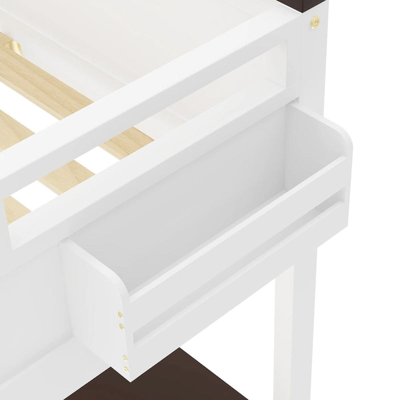 Hochbett aus Holz in Queensize mit integriertem Schreibtisch und offenen Regalen, Bettgestell aus massivem Holz mit Ladestation und Aufbewahrungsbox