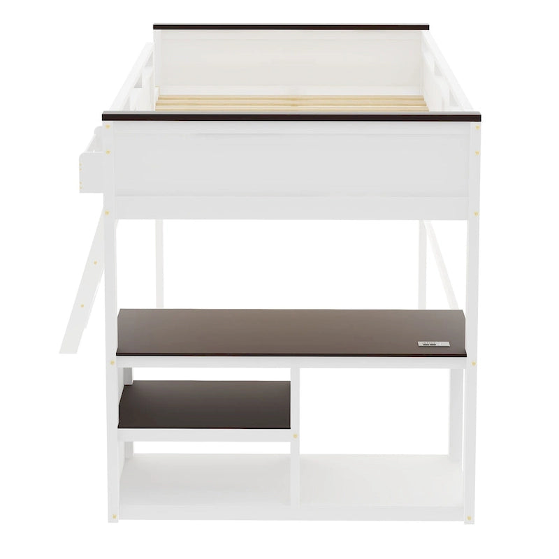 Houten hoogslaper, queen-size, met ingebouwd bureau en open planken, massiefhouten bedframe met oplaadstation en opbergbox