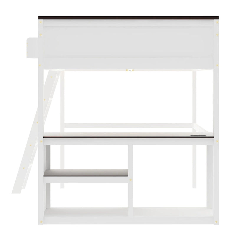 Houten hoogslaper, queen-size, met ingebouwd bureau en open planken, massiefhouten bedframe met oplaadstation en opbergbox
